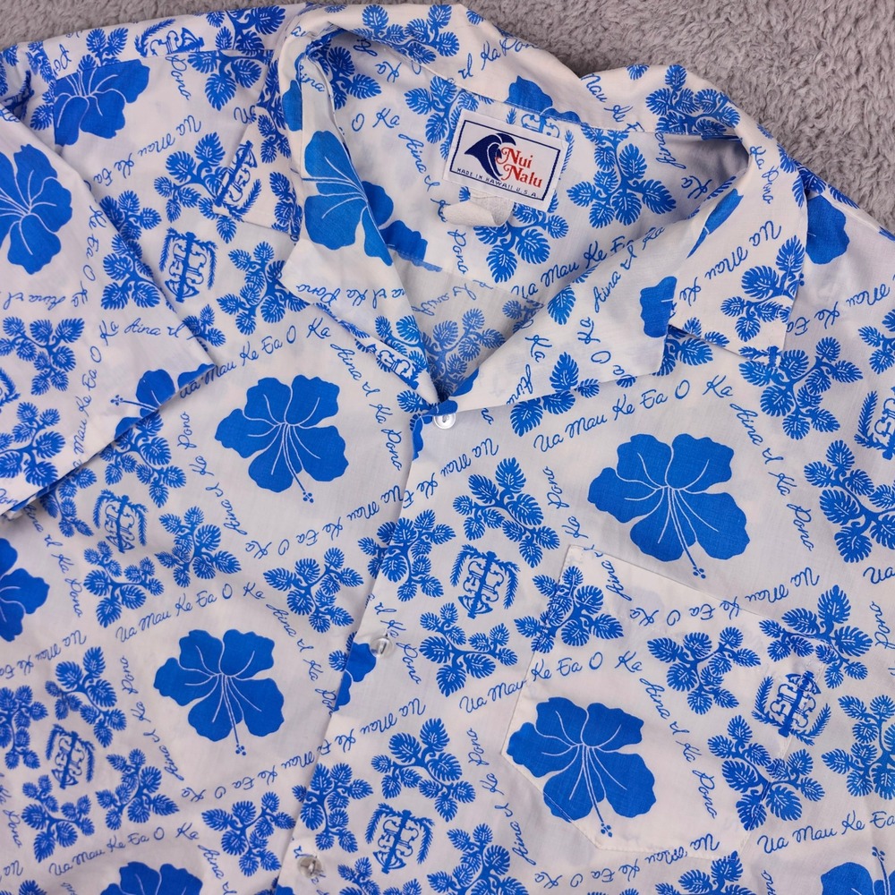 Nui Nalu Hawaiian Shirt Mens XL Blue Hibiscus Floral Tropical Aloha Made in USA